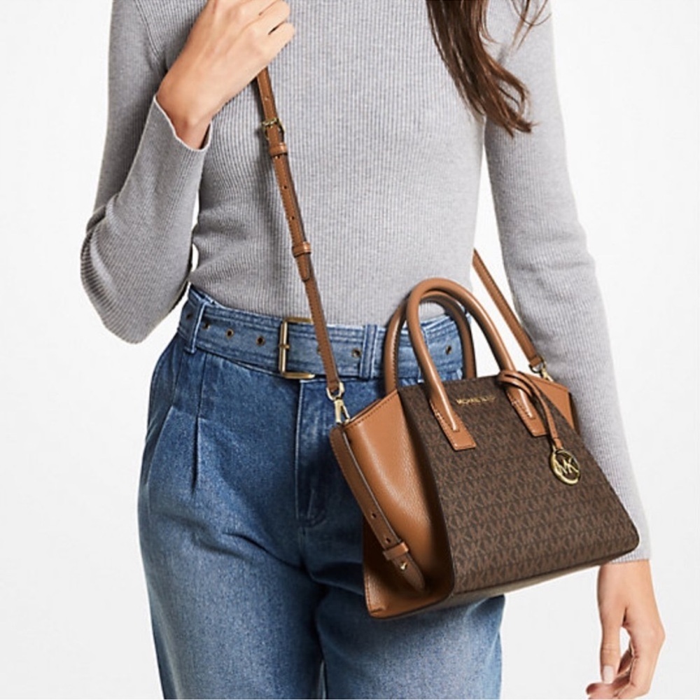 Michael Kors Avril Small Leather Logo Satchel Crossbody Brown Top Zip Bag
NWT